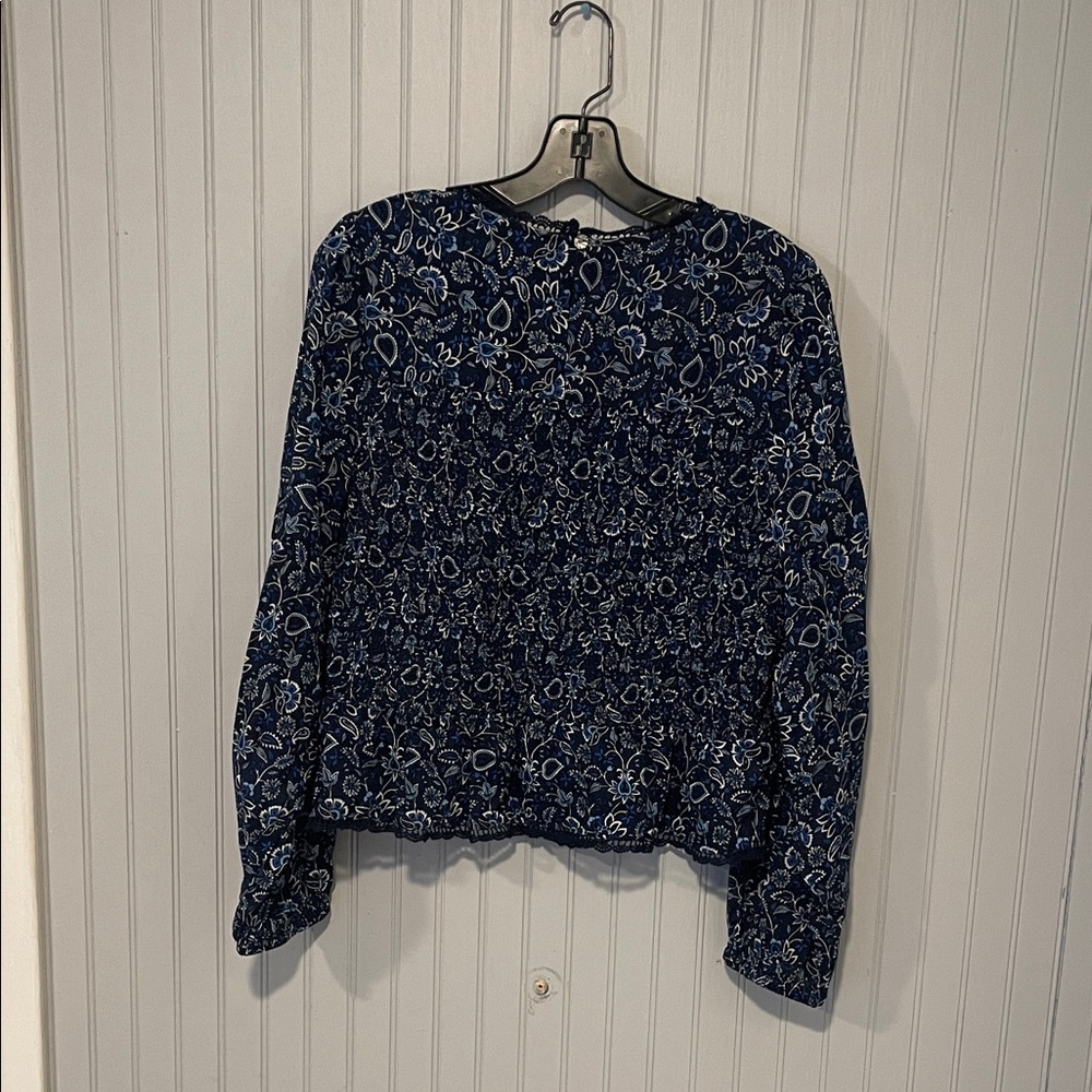 LOFT Dark Blue Floral Patterned Long Sleeve Blouse | Large NWT - Picture 10 of 14